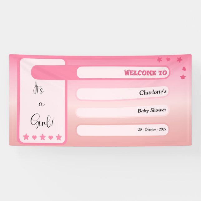 It's A Girl! Pink Gradient Cute Baby Shower Banner (Horizontal)