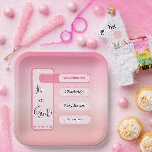 It's A Girl! Pink Gradient Cute Baby Shower Paper Plate