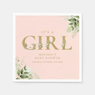 Its A Girl Pink Greenery Gold Letter Baby Shower  Napkin