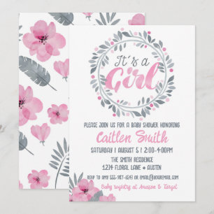 It's A Girl Pink Grey Floral Baby Shower Invitation