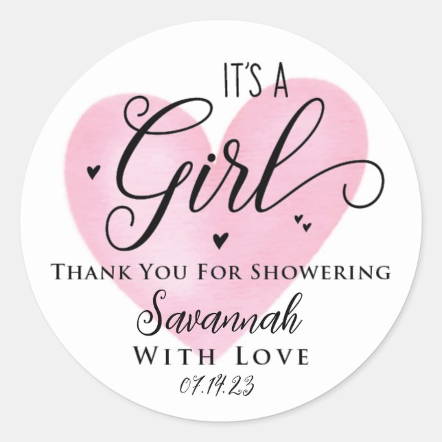 It's A Girl Pink Heart Baby Shower Sticker (Front)