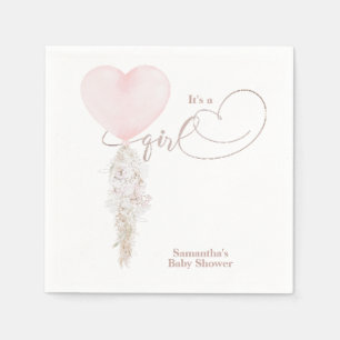 It's a Girl Pink Heart Balloon Baby Shower Napkin