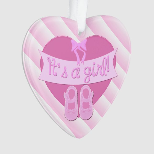It's a girl Pink Heart Bow Shoes Baby Girl Shower Ornament (Front)