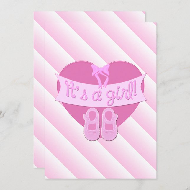 Its a girl Pink Heart Bow Shoes Baby Shower Invite (Front/Back)