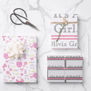 It's A Girl Pink Hearts Baby Name 3 Wrapping Paper Sheet