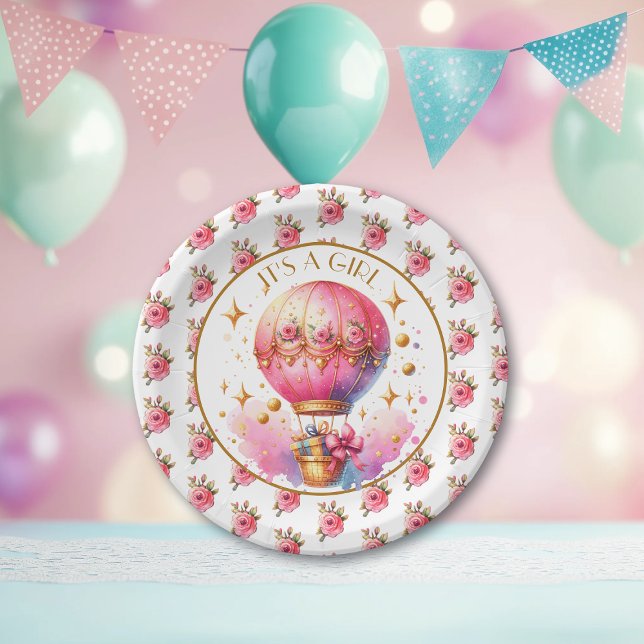 It's a Girl | Pink Hot Air Balloon Baby Shower Paper Plate (Creator Uploaded)