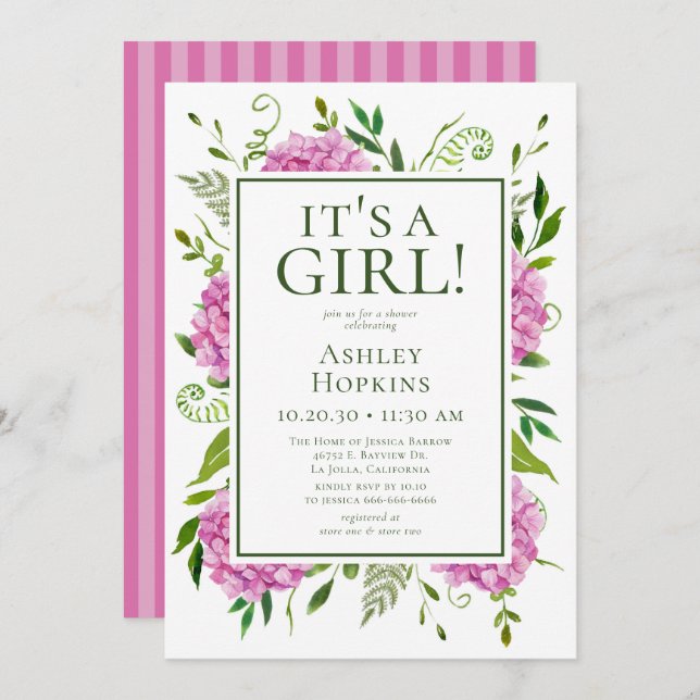 It's A Girl Pink Hydrangeas Baby Shower  Invitation (Front/Back)
