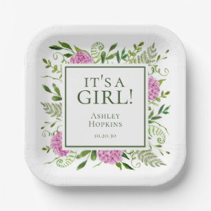 It's A Girl Pink Hydrangeas Girl Baby Shower Paper Plate