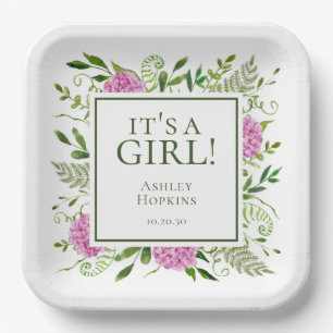 It's A Girl Pink Hydrangeas Girl Baby Shower Paper Plate