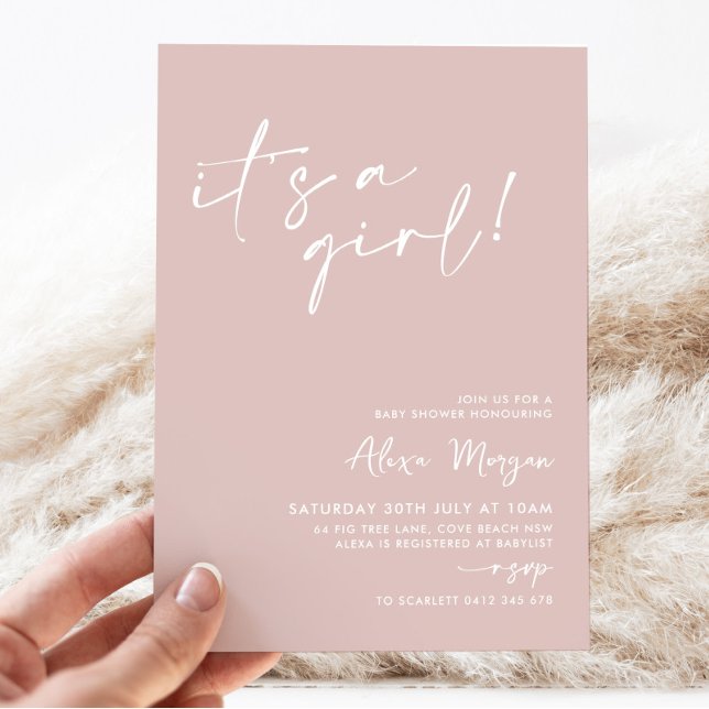 It's a Girl! Pink Minimal Baby Shower Invitation (It's a Girl! Dusty Pink Baby Shower Invitation)