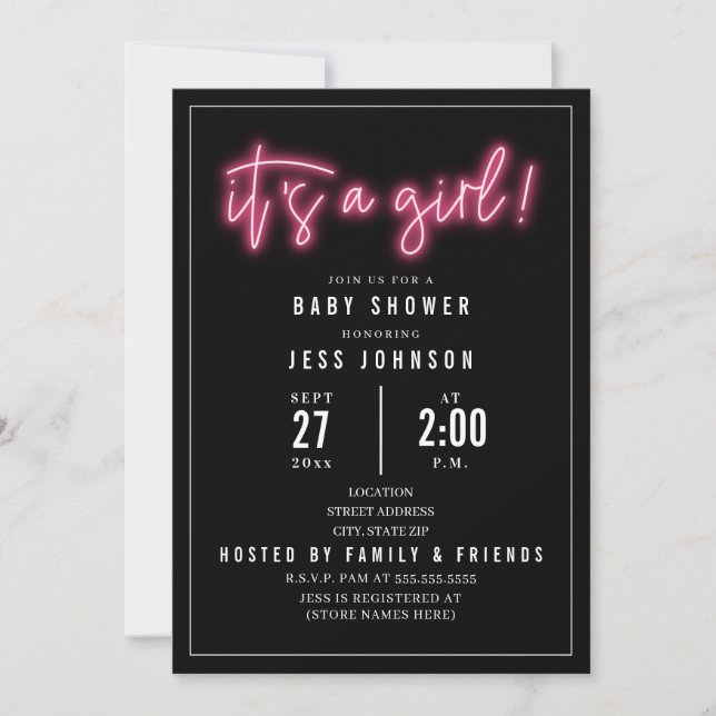 It's A Girl Pink Neon Baby Shower Invitation (Front)