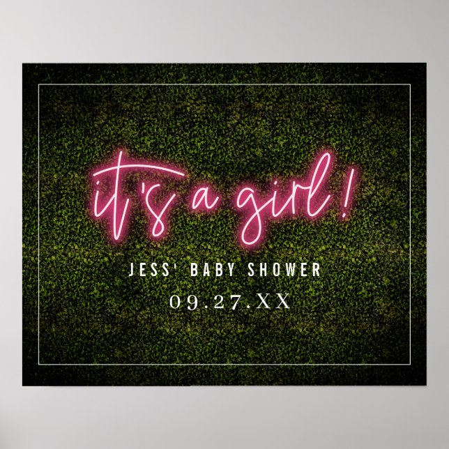 It's A Girl Pink Neon Boxwood Baby Shower Poster (Front)