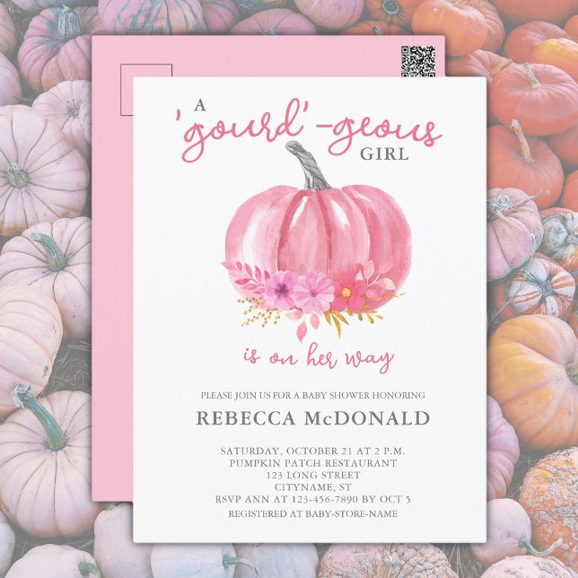 It's a Girl Pink Pumpkin Baby Shower Invitation Postcard (Creator Uploaded)