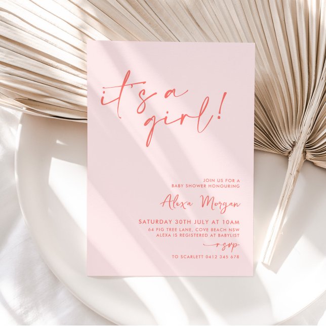 It's a Girl! Pink Red Minimal Baby Shower Invitation (It's a girl! | Pink and Red Baby Shower Invitation. )
