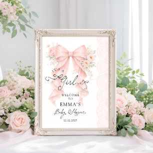 It's a Girl Pink Ribbon Baby Shower Welcome Poster