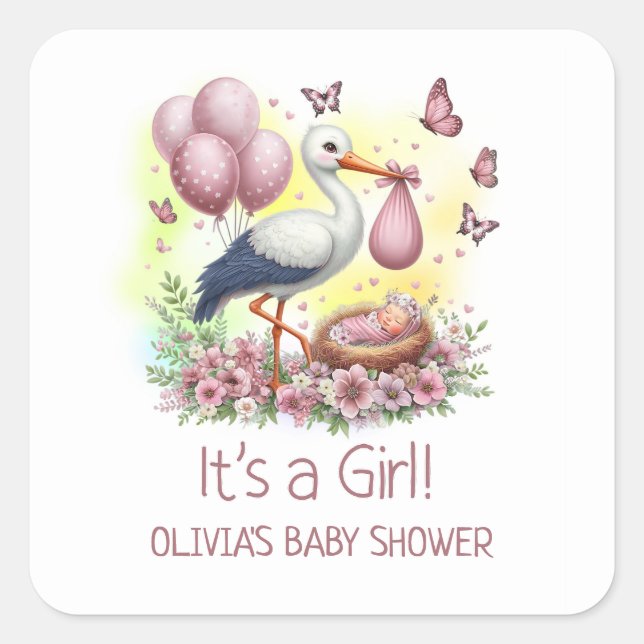 It's a Girl Pink Stork Baby Shower Square Sticker (Front)