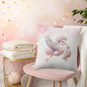 It's a Girl Pink Stork Pink Clouds Baby Shower Cushion