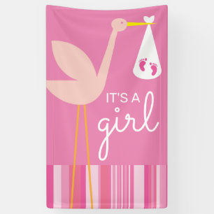 It's A Girl   Pink Stripes & Stork Banner