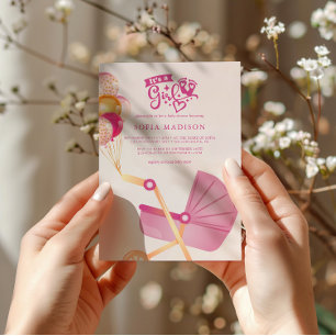 It's a Girl Pink Stroller Baby Shower Invitation