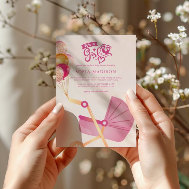 It's a Girl Pink Stroller Baby Shower Invitation (Creator Uploaded)
