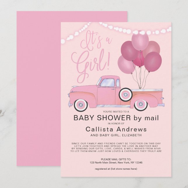 It's a Girl Pink Truck Balloons Lights Baby Shower Invitation (Front/Back)