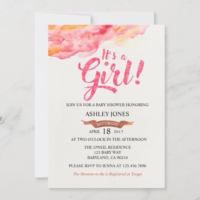 It's A Girl Pink Watercolor Baby Shower invitation (Front)