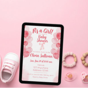 It's a Girl Pink Watercolor Balloons Baby Shower Invitation