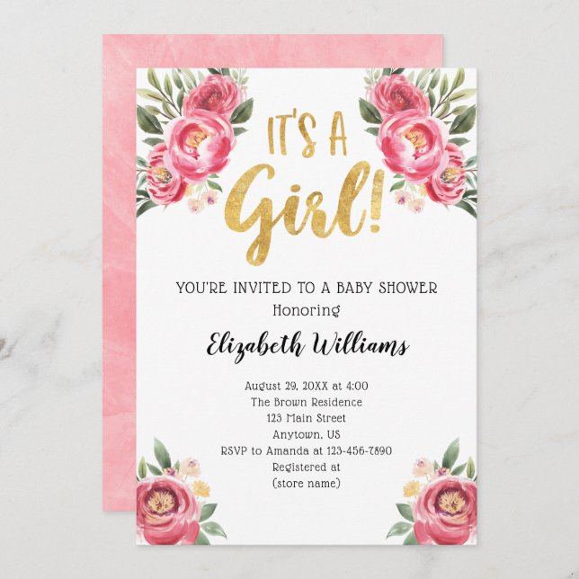 It's A Girl Pink Watercolor Flowers Baby Shower Invitation (Front/Back)