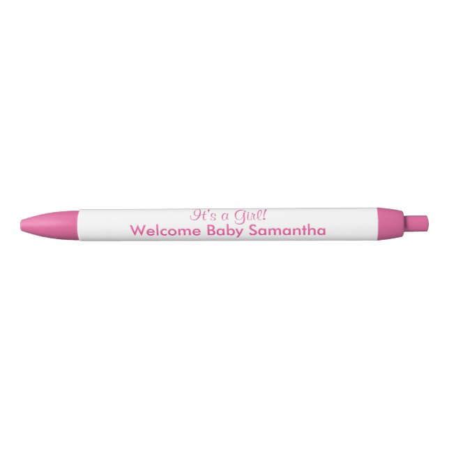 It's A Girl Pink White Announcements Black Ink Pen (Front)