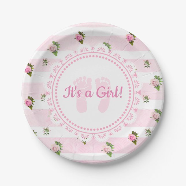 It's a Girl Pink & White Lacey Baby Shower Plates (Front)