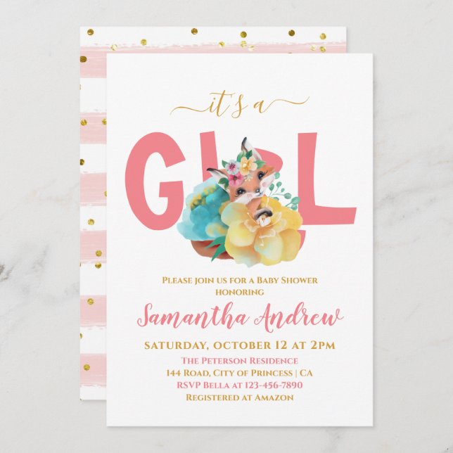 It's a Girl Pretty Fox Drawing Baby Shower Invitation (Front/Back)