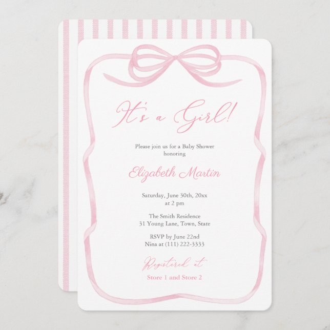 It's A Girl Pretty Pink Ribbon Bow Baby Shower Invitation (Front/Back)