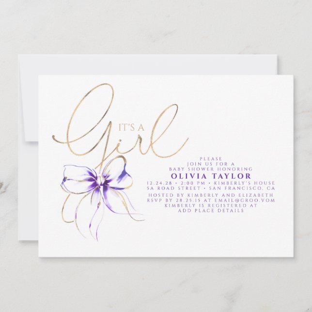 It's a Girl Purple and Gold Elegant Baby Shower Invitation (Front)