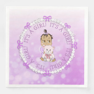 It's a Girl Purple Baby and Teddy Bear Baby Shower Napkin