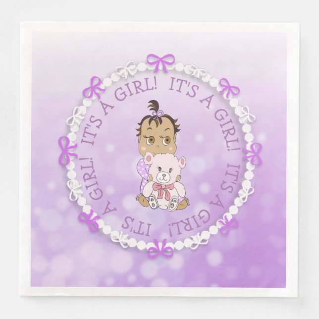 It's a Girl Purple Baby and Teddy Bear Baby Shower Napkin (Front)