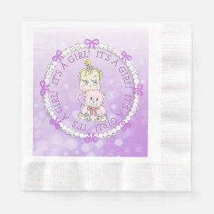 It's a Girl Purple Baby and Teddy Bear Baby Shower Napkin