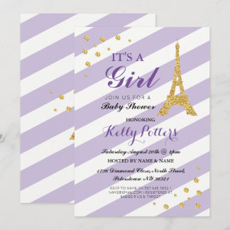 It's a Girl Purple Baby Shower Eiffel Tower Stripe Invitation