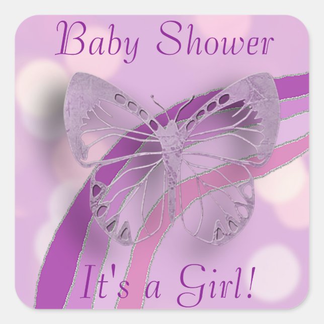 It's a Girl, Purple Butterfly and Rainbow Square Sticker (Front)