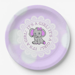 It's a Girl, Purple Elephant Themed Baby shower Paper Plate