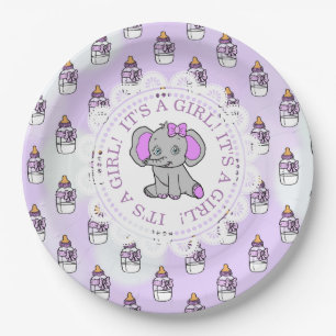 It's a Girl, Purple Elephant Themed Baby shower Paper Plate
