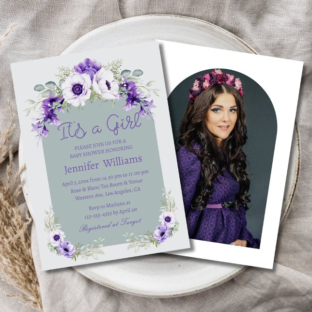 it's a girl, purple floral baby shower photo arch invitation (Creator Uploaded)