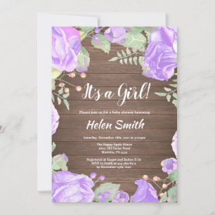 It's A Girl Purple Floral Baby Shower Rustic Wood Invitation