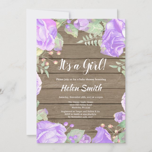 It's A Girl Purple Floral Baby Shower Rustic Wood Invitation (Front)