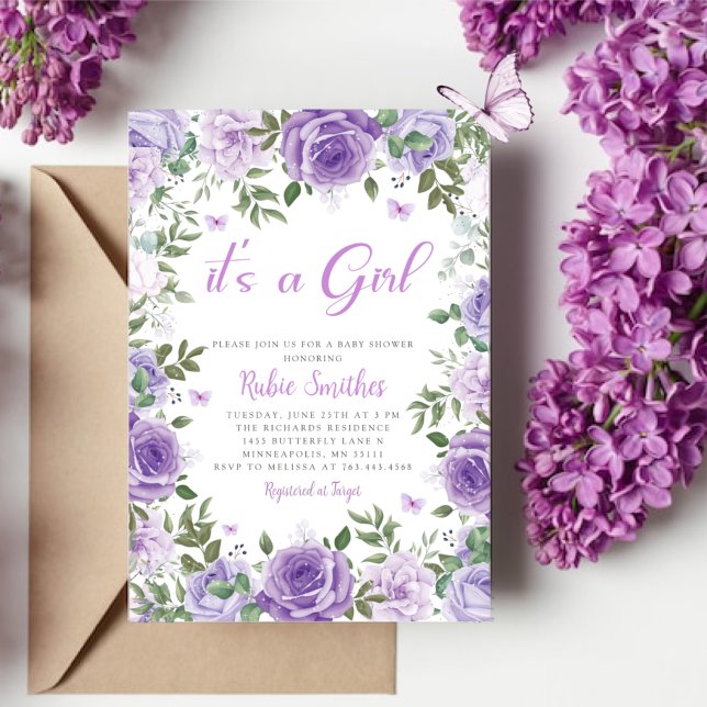 Its A Girl Purple Floral Butterfly Baby Shower Invitation (Creator Uploaded)