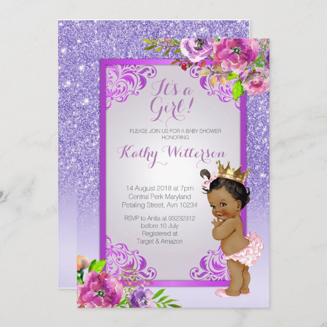 It's a girl Purple Gold Baby Shower Invite (Front/Back)