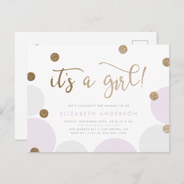 It's a Girl! | Purple & Gold Confetti Baby Shower Invitation Postcard (Front/Back)