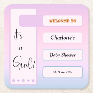 It's A Girl! Purple Gradient Cute Baby Shower Square Paper Coaster