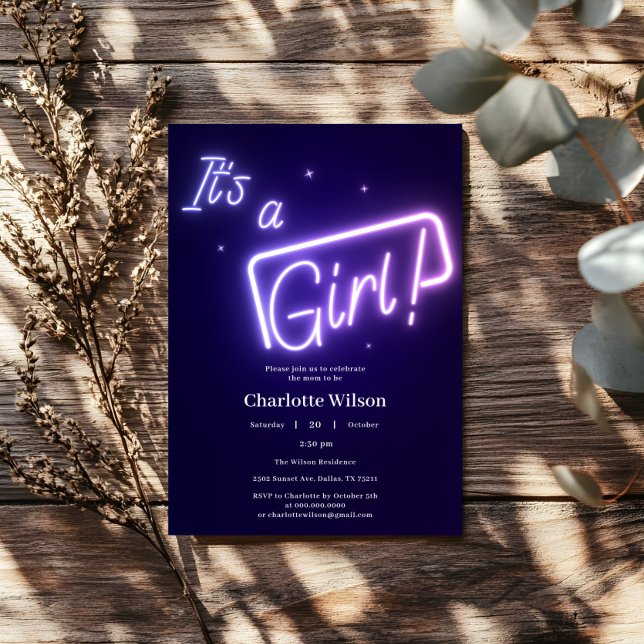It's a Girl! Purple Neon Text Baby Shower Invitation (Creator Uploaded)