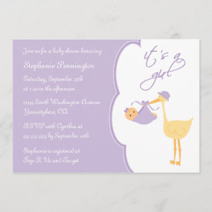 It's a girl purple stork baby shower invitation