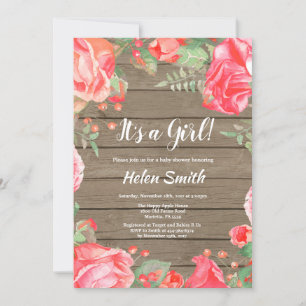 It's A Girl Red Floral Baby Shower Rustic Wood Invitation